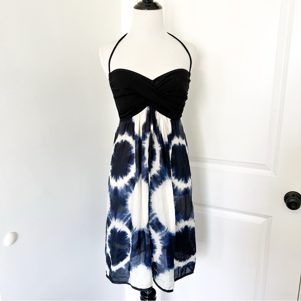 Robin Piccone Silk Strapless Halter Dress in White, Black & Blue Tie-Dye - Small